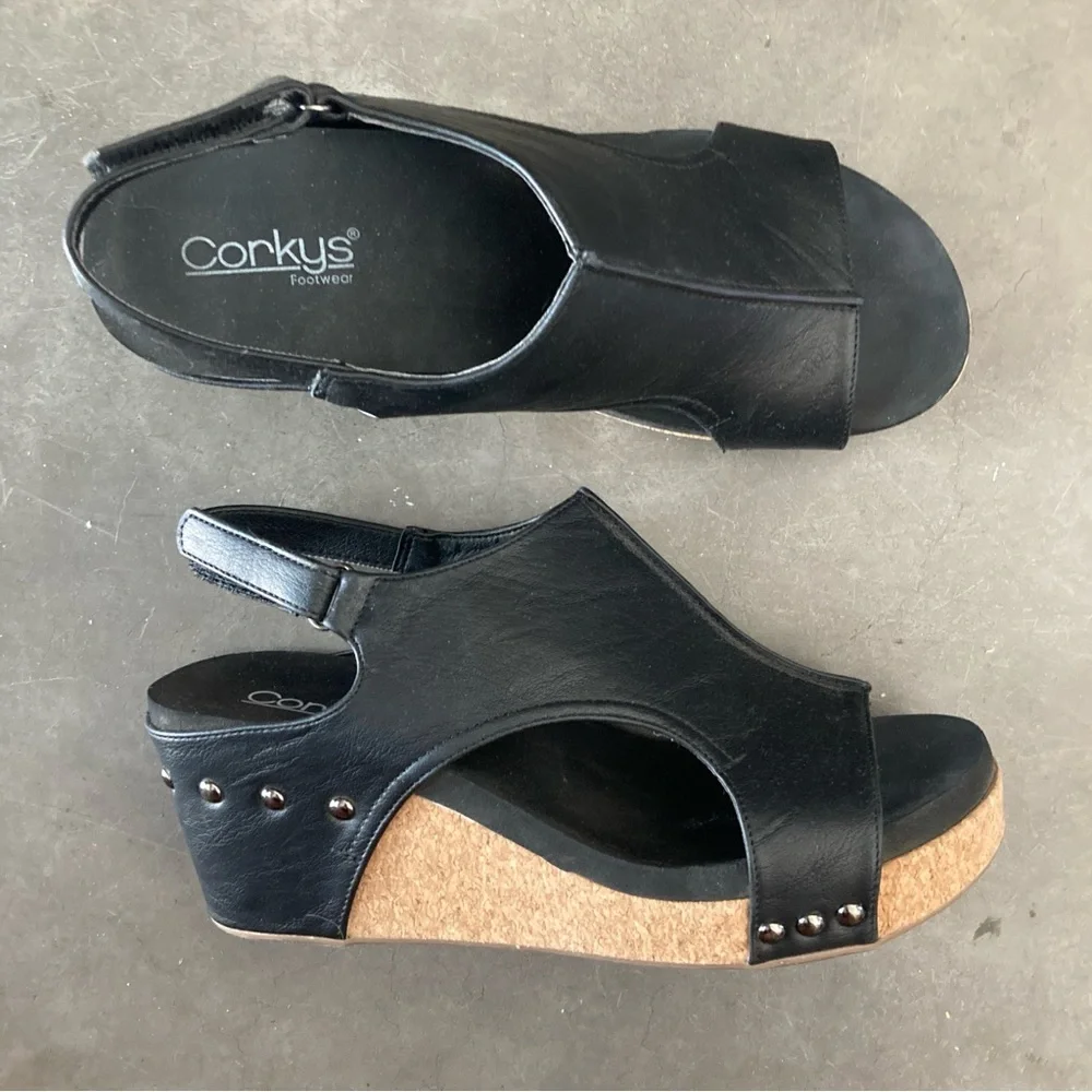 Corkys Boutique Womens Carley Karly Slingback Wedge Heel Sandals Black 9 - Picture 3 of 4